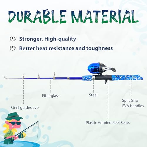 Kids Fishing Pole Set with Reel - Blue & Green Beginner Kit for Boys & Girls 3-12