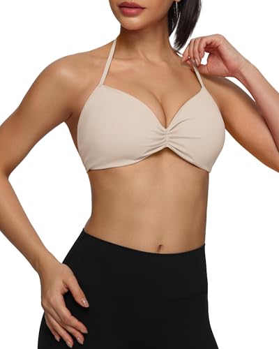 SPVISE Women's Medium Mojave Tan Halter Sports Bra - Adjustable Strappy Activewear Top