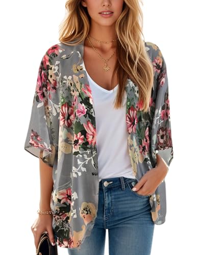 Floral Print Puff Sleeve Kimono Cardigan - XX-Large Dark Grey