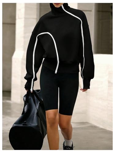 Verdusa Women's Black Medium Asymmetrical Zip Up Sweatshirt High Neck Pullover