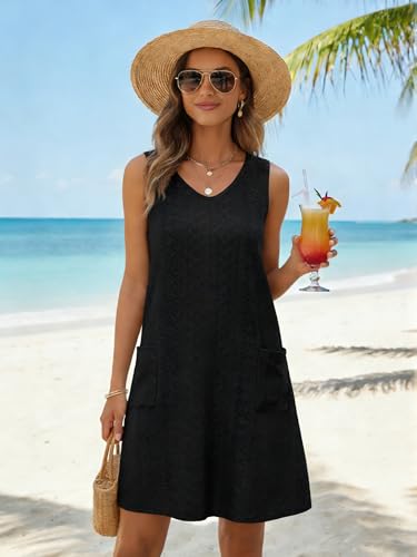 elescat Large Black Summer Women's Eyelet Swimsuit Coverup Dress with Pockets