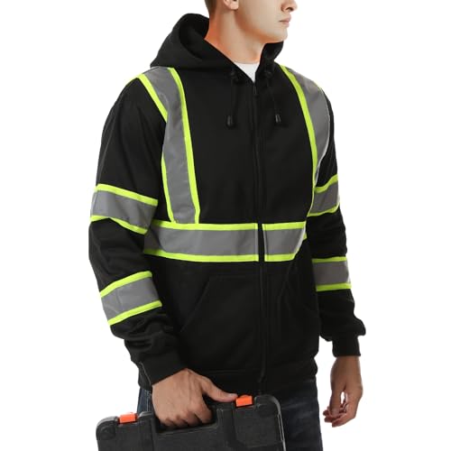 SKSAFETY Hi Vis Work Safety hoodies for Men - Class 3 High Visibility Reflective Hoodie Jacket, High Vis Zipper Hoodie with Black Bottom, Construction Sweatshirts with Pockets