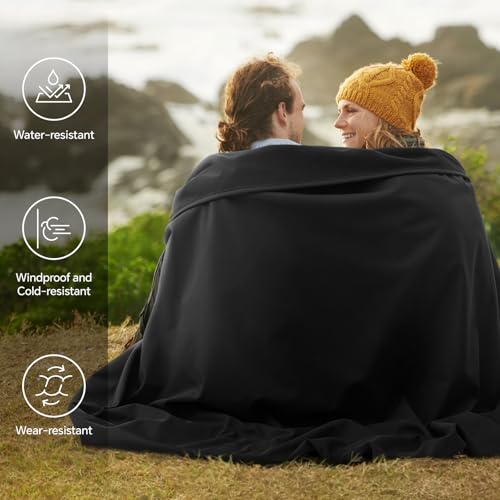 BEDELITE 55x80in Waterproof Camping Blanket – Large Fleece Stadium Outdoor Wearable, Black (Twin Pack 2)