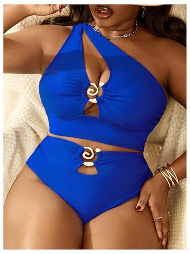 SOLY HUX Women's Plus Size One Shoulder Ring Bikini Set XL Royal Blue