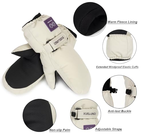Kids Ski Mittens - Windproof Warm Fleece Lined Gloves - Beige