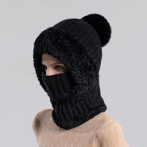 3 in 1 Beanie Hat with Scarf and Mask Winter Hat for Women Men Warm Knit Balaclava Scarf (Black)