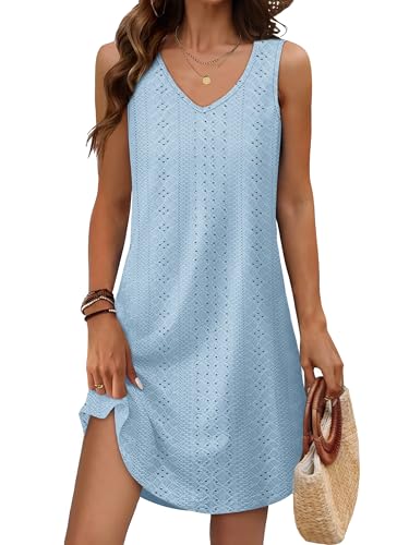 Women's Summer Dress - Eyelet Blue, XL, V-Neck Sleeveless Sundress Vacation Coverup