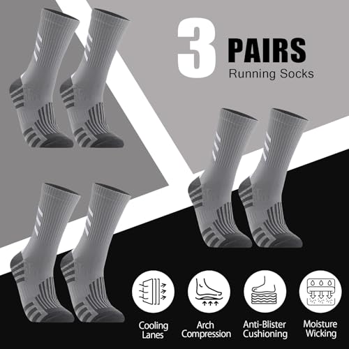 Compression Athletic Crew Socks - 3 Pairs, Gray