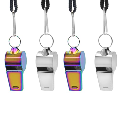 Loud Stainless Steel Whistles - 4 Pack with Lanyards for Coaching & Emergencies