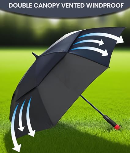 Large Windproof Waterproof Golf Umbrella - 62 Inch Black-Red Handle