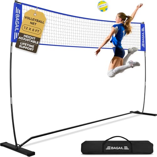 12ft Portable Volleyball Net - Adjustable Height, Freestanding, Blue