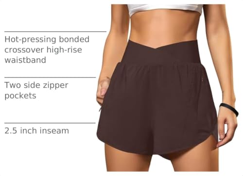 Blooming Jelly Women’s High-Waisted Crossover Running Shorts with Pockets (Large, Brown)