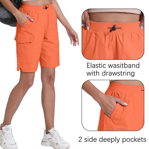 Rrosseyz Women's Hiking Cargo Shorts with Pockets, Quick Dry, 9" Inseam, Large, Orange