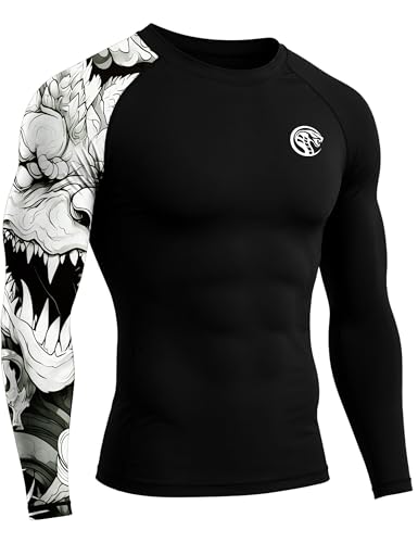 Roadbox Men's UPF 50+ BJJ Rash Guard - Long Sleeve Compression MMA Top, Black-White Dragon, Large