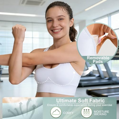 Adjustable Sports Bras for Women High Support Padded Racerback Medium Black/White/Silver Grey