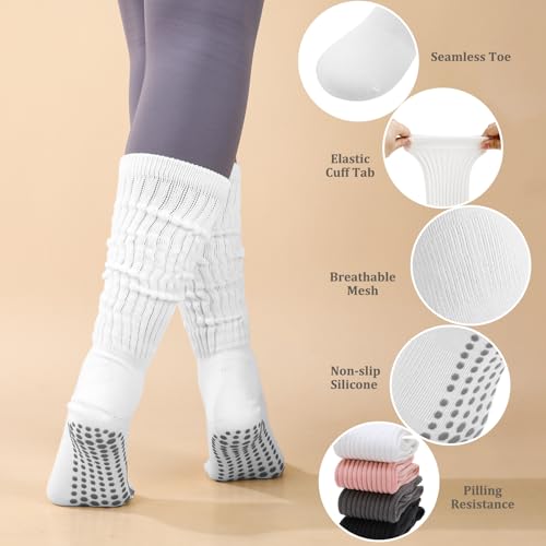 Women’s Slouch Pilates Socks with Grips - 4 Pairs, Black+White+Pink+Dark Gray