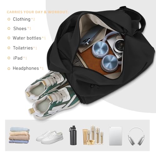 Small Gym Bag for Women with Shoes Compartment Waterproof Travel Duffel - Black
