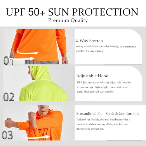 Men's UPF 50+ Sun Protection Hoodie - Long Sleeve - Orange - Small