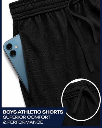 Boys Breathable Mesh Athletic Shorts - Black & White Panel, Size 14-16