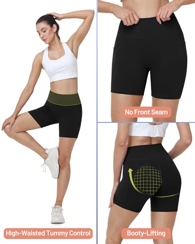 Runhit Women's High-Waist Biker Shorts 4/6/8 in No Front Seam with Pockets, Tummy Control