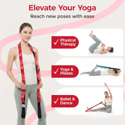 Red Slim Panda Stretching Strap with Oversized Loops for Yoga & Rehab - Non-Elastic Heavy Duty Nylon