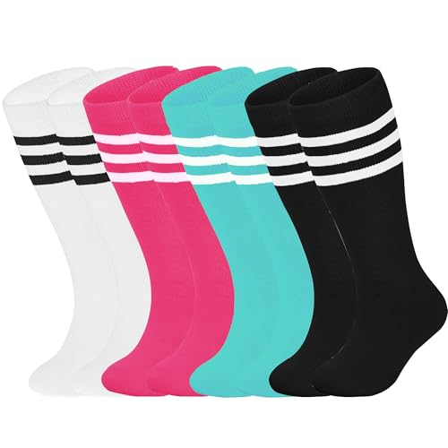 LPMOERA 4 Pairs Toddler Knee High Athletic Soccer Socks for Boys Girls - 1-4T Hot Pink/Black/Lake Blue