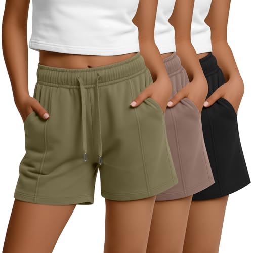 JoyMotion Women's Drawstring Sweat Shorts 3 Pack - Black, Mocha, Matcha Green, Medium