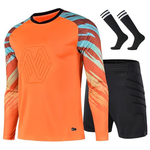 Kids Soccer Goalie Jersey & Shorts Set - Youth Long Sleeve Uniform, Size 13-14 Years, Orange