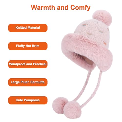 KAICAILA Women Winter Sherpa Beanie Hat with Pink 3 Pomoms – Fleece Lined Ear Flap Knit Cap