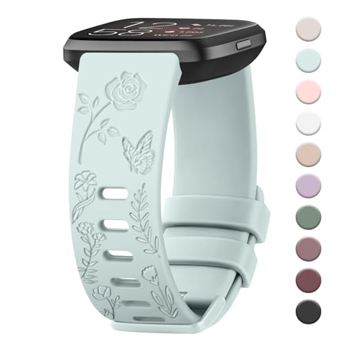 Floral Engraved Soft Sport Band for Fitbit Versa 2 - Light Cyan