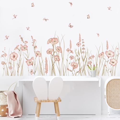 SHUCHING 61''X22 Pink Flower Wall Decal Peel and Stick, Vinyl Wildflower Wall Stickers, Floral Wall Decor Art for Living Room Girl Bedroom