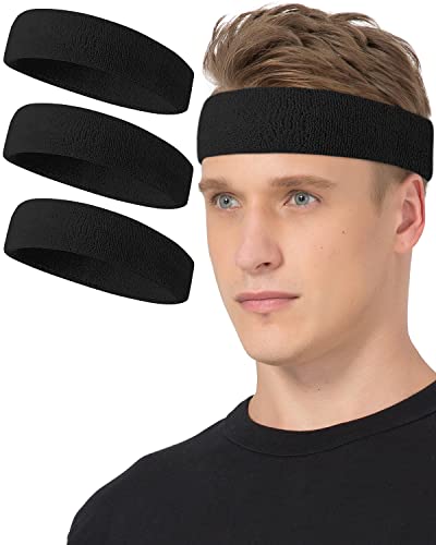 Sport Sweatbands Headbands - Black Terry Cloth Cotton for Men & Women