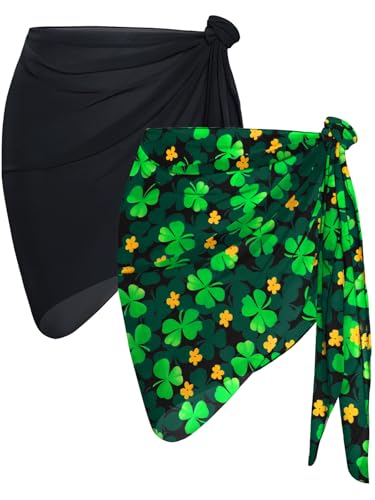 2-Piece Women's Sheer Beach Sarong Swimsuit Cover Up - Black & Green Clover