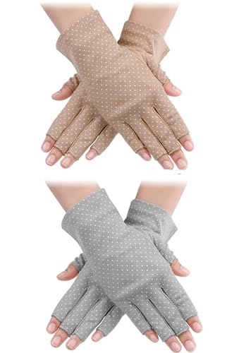 UV Sun Protection Fingerless Gloves for Women - Blue & Beige, Medium