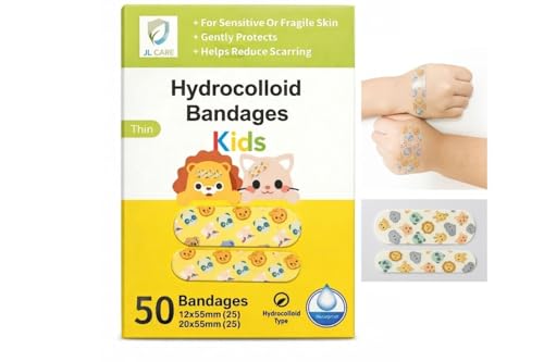 JL CARE Waterproof Hydrocolloid Kid Bandages - 50 Count Animal Variant, Fast Healing & Scar Reduction