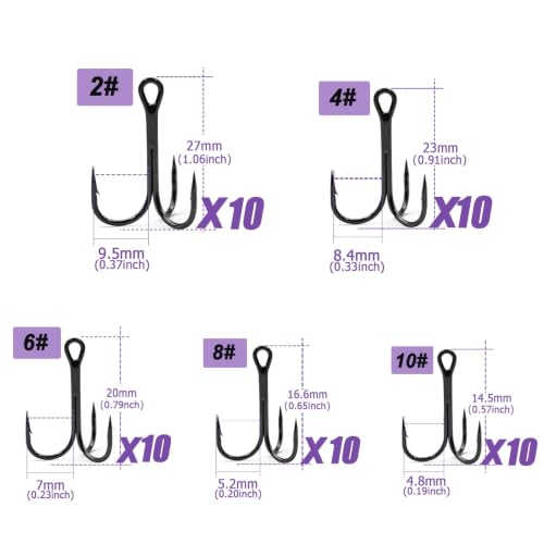 Treble Fishing Hooks Kit - 50 Mixed Sizes Black