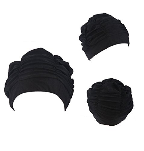 Colorful Pleated Nylon Swim Cap for Long Hair - Black