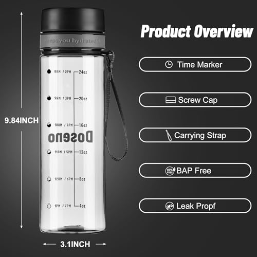 28 oz Clear Water Bottle with Time Marker - Black