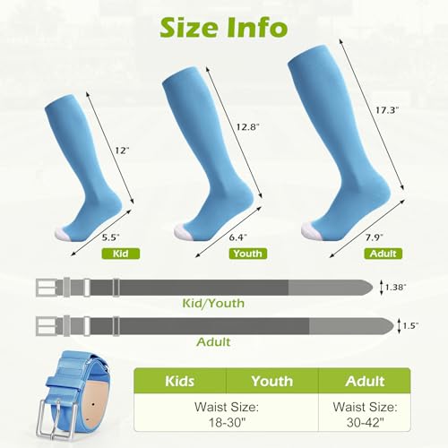 Columbia Blue Baseball & Softball Socks and Belt Set for Kids, Youth & Adults