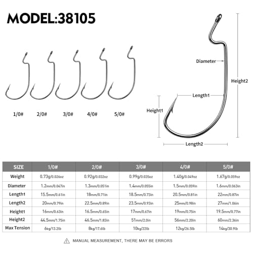 EWG Offset Worm Hooks for Bass Fishing - 50pcs Mixed Size Tackle Set