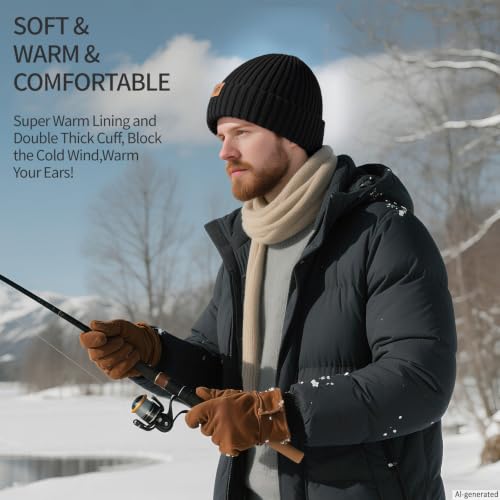 Winter Beanie Hat - Thermal Fleece Lined Knit Cap - Black