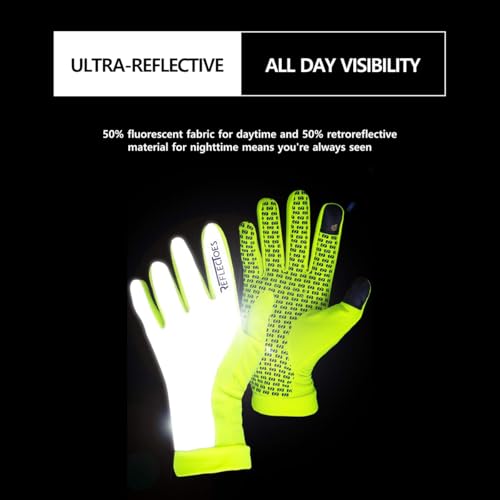 ReflecToes Yellow Large Reflective Winter Running Gloves Men - Hi Vis Neon Traffic Gloves