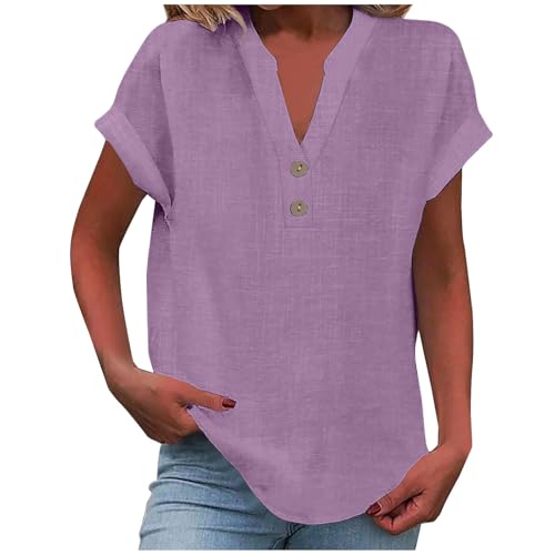 V Neck Linen Shirt for Women - Button Down Blouse, D-Purple, 3X-Large