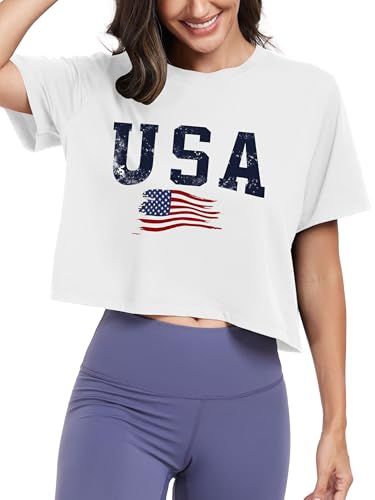 Workout Crop Tops for Women - Athletic Cropped Tshirts, Medium White