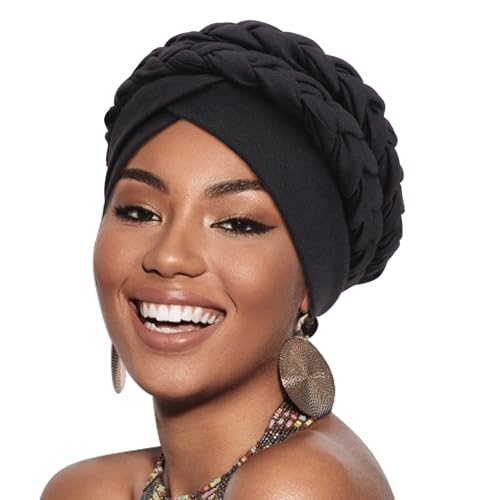 African Women Turban Cap - Pre-Tied Double Braids Beanie - Black