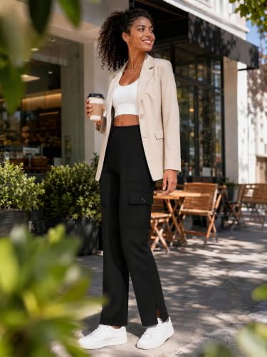 YepMoll Women's Medium Black Cargo Yoga Pants with Multi Pockets & Slit - Casual Trousers