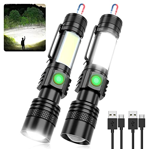 USB Rechargeable Flashlight, LED Magnetic Flashlights Super Bright Tactical Flashlights with Cob Sidelight Waterproof Zoomable 6 Modes USB Rechargeable for Camping Emergency