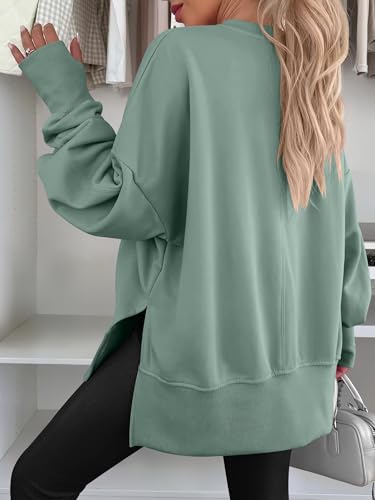 Oversized Fleece Lined Sweatshirt with Thumbhole - Medium Sage Green
