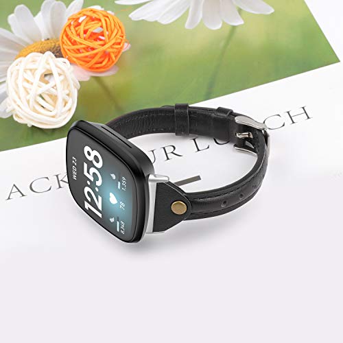 Minyee Black Leather Versa 4/Versa 3/Sense 2/Sense Watch Band – Slim, Anti-Slip Strap