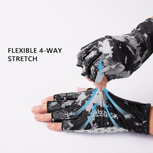 UPF 50+ Sun Gloves - Breathable 3/4 Finger Anti-Slip - Black Sport Camo / Large